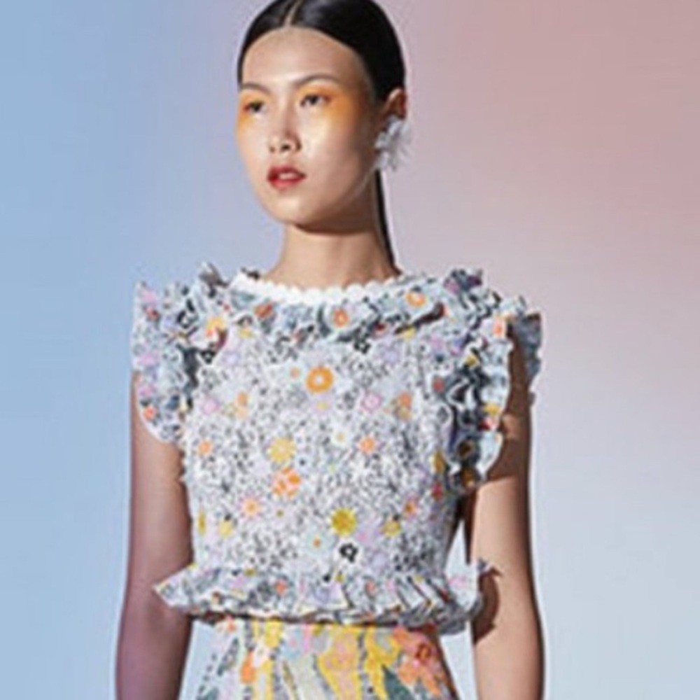 CeliaB Floral Ruffle Crop Top in Blue and Yellow